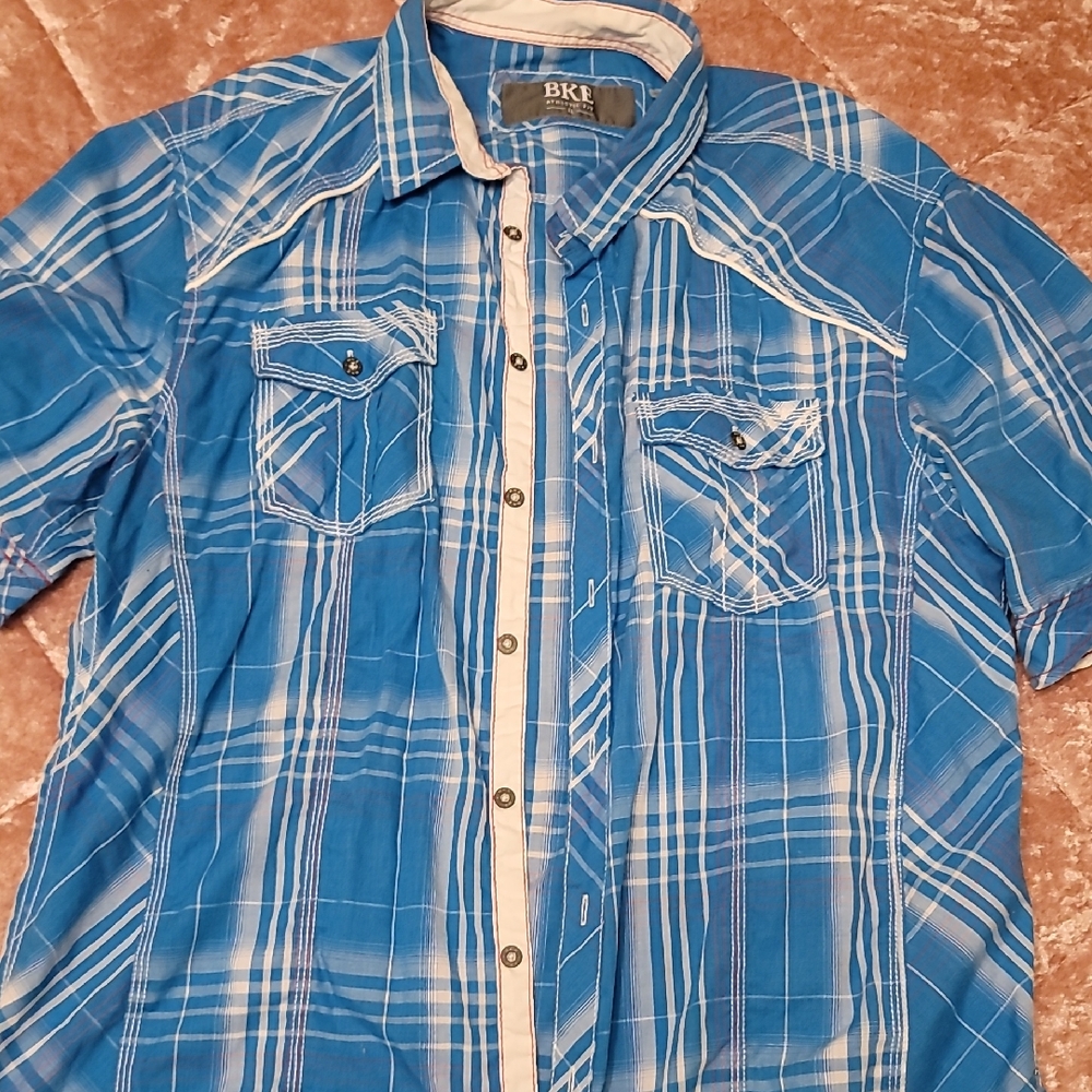 Men's XL BKE Athletic Fit shirt with a blue and white plaid pattern